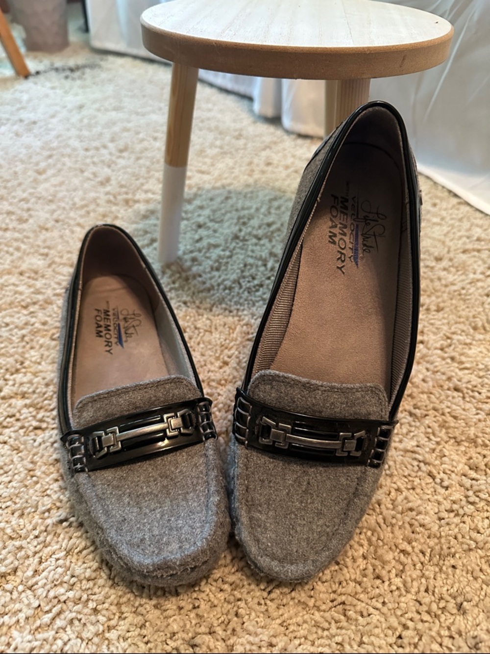 Life Stride Gray Felt Slip-On Loafers with Black Hardware